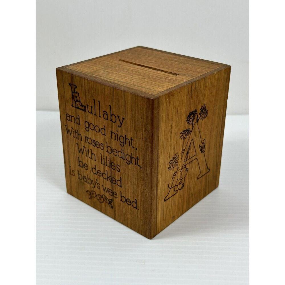 Vintage Toystalgia Wood Alphabet Block Piggy Bank Working Music Box Lullaby 1979